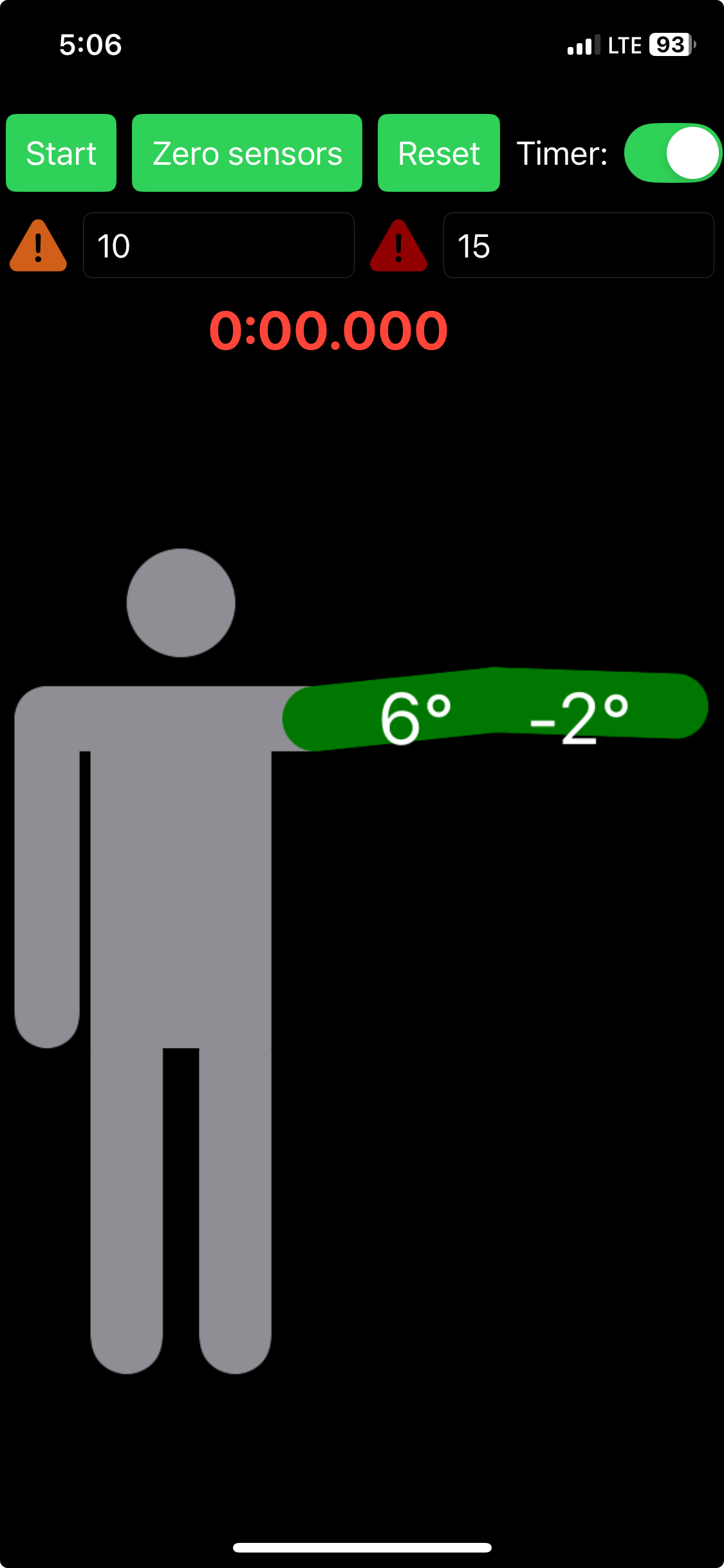 Screenshot of an iPhone app of a stick-figure with a limb that shows the angles.